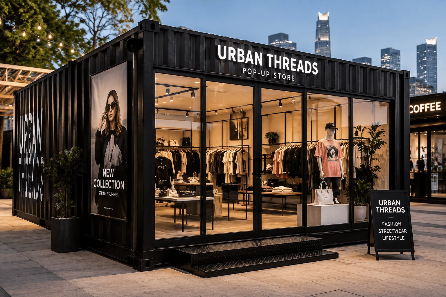 modern container pop-up shop in urban retail environmen