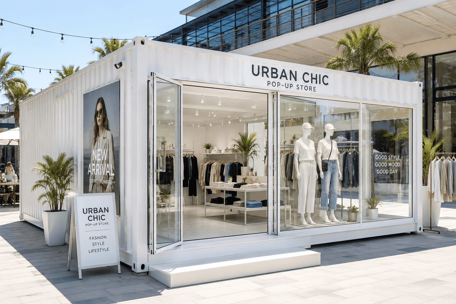 fashion container pop-up shop with glass storefront
