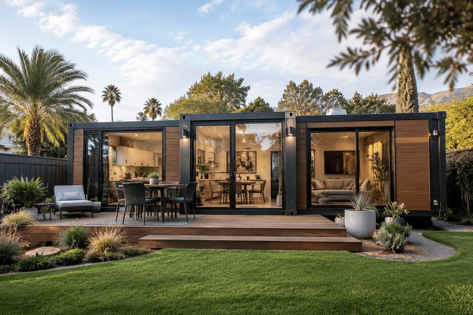 backyard container Airbnb with outdoor deck