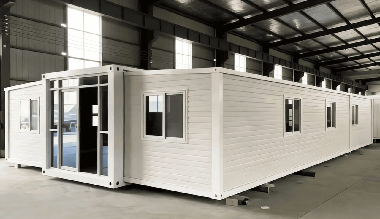Fully expanded double wing expandable container house installation