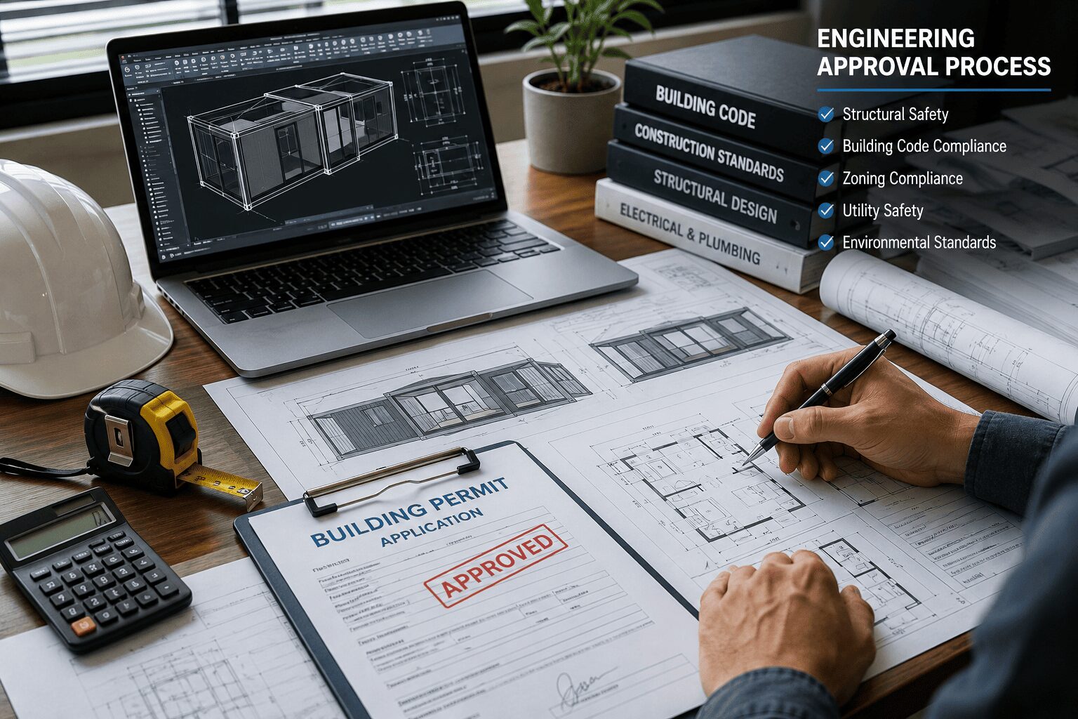 architect reviewing expandable container house permit documents engineering drawings and building plans