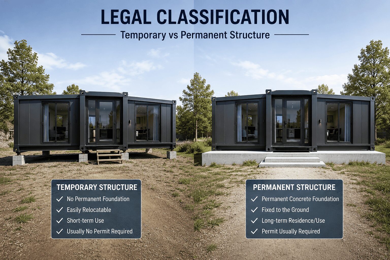 temporary and permanent expandable container house classification based on foundation type and utility connections
