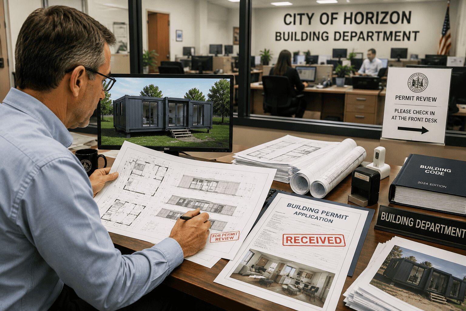 government official reviewing expandable container house building permit application and engineering drawings
