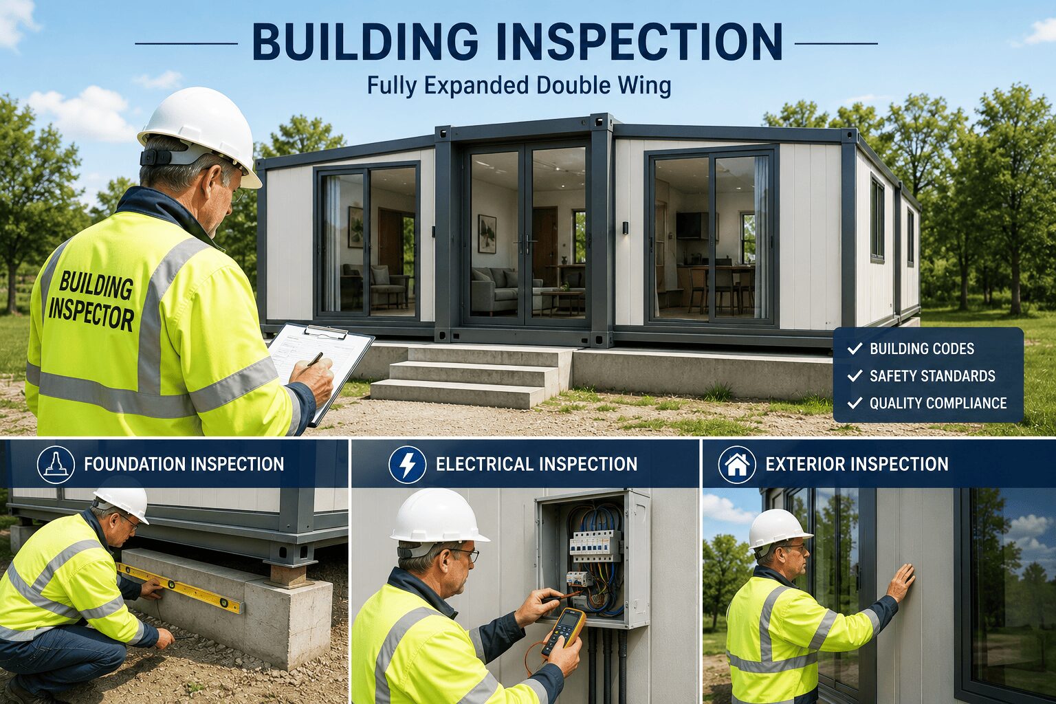 building inspector checking expandable container house foundation electrical system and exterior compliance