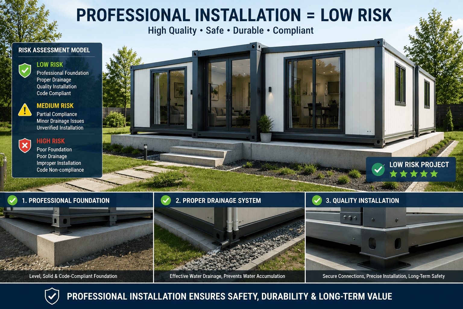 professionally installed expandable container house with compliant foundation drainage and low project risk